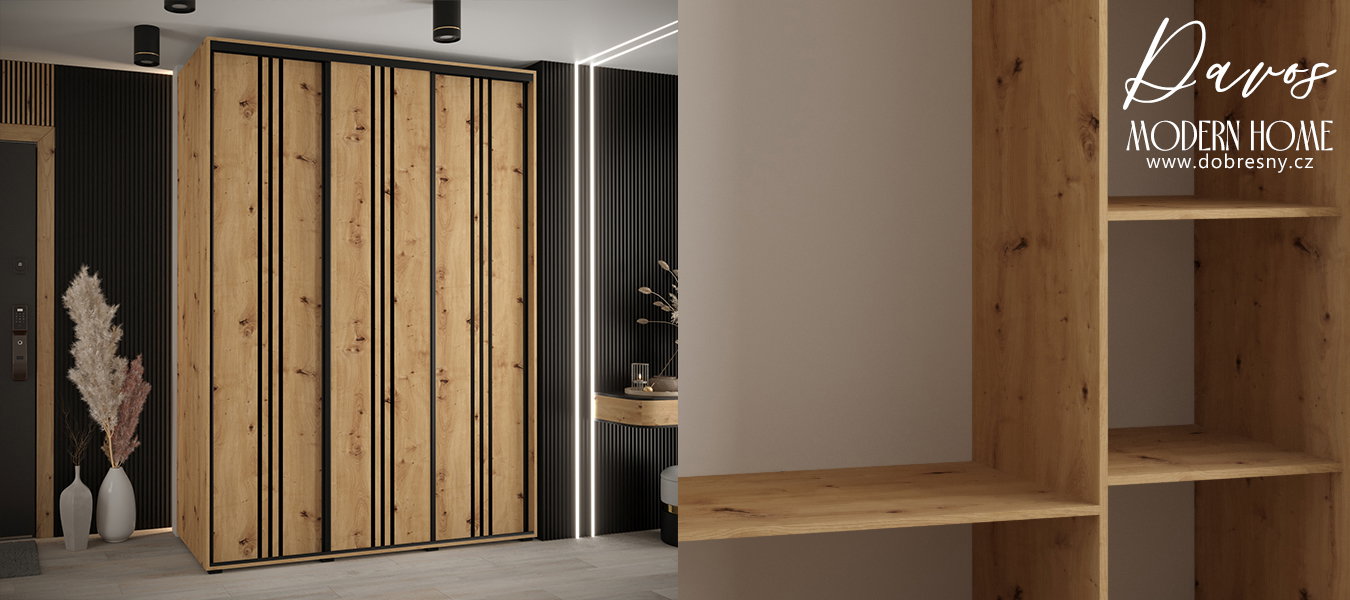 Šatníková skriňa s posuvnými dverami DAVOS 6, 180cm | DUB Artisan / čierne pojazdy