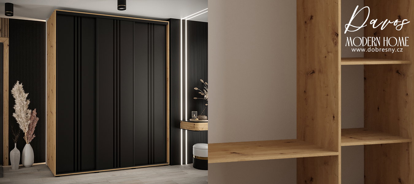 Šatníková skriňa s posuvnými dverami DAVOS 6, 200cm | DUB Artisan / čierna / čierne pojazdy