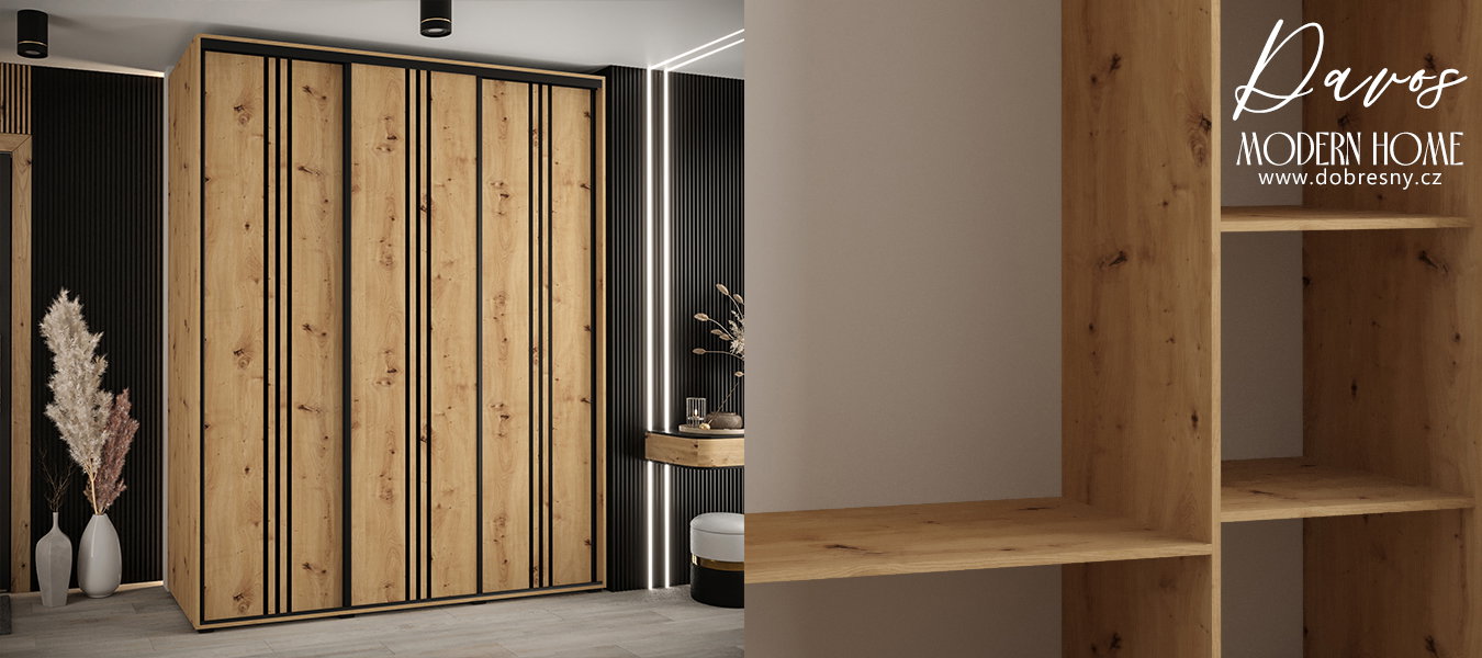 Šatníková skriňa s posuvnými dverami DAVOS 6, 200cm | DUB Artisan / čierne pojazdy