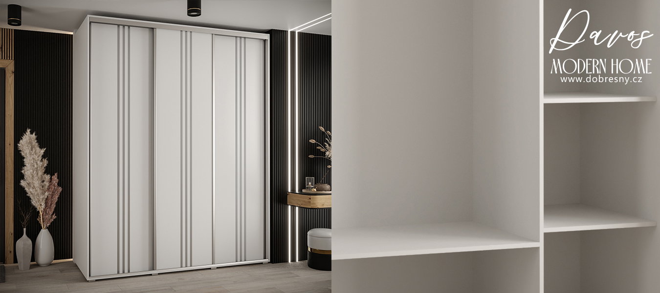 Šatníková skriňa s posuvnými dverami DAVOS 6, 200cm | Biela / strieborné pojazdy