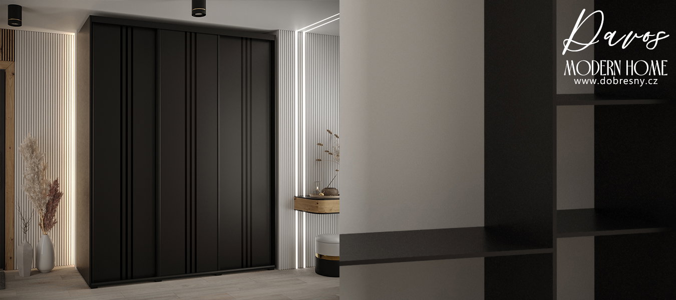 Šatníková skriňa s posuvnými dverami DAVOS 6, 200cm | Čierna / čierne pojazdy