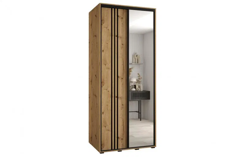 Šatní skříň s posuvnými dveřmi a zrcadlem DAVOS 7, 100cm | DUB Artisan / černé pojezdy