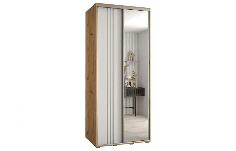 Šatní skříň s posuvnými dveřmi a zrcadlem DAVOS 7, 100cm | DUB Artisan / bílá / stříbrné