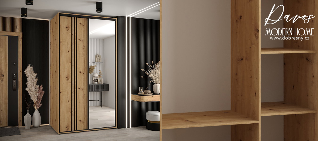 Šatníková skriňa s posuvnými dverami a zrkadlom DAVOS 7, 140cm | DUB Artisan / čierne pojazdy