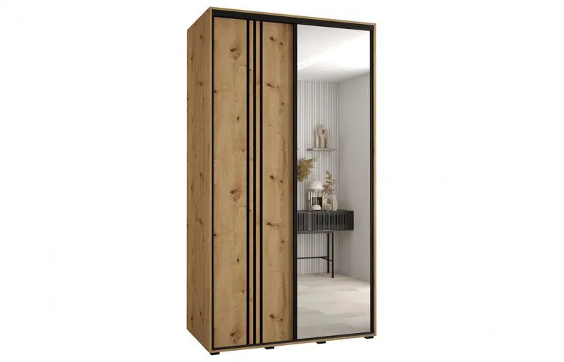 Šatní skříň s posuvnými dveřmi a zrcadlem DAVOS 7, 140cm | DUB Artisan / černé pojezdy