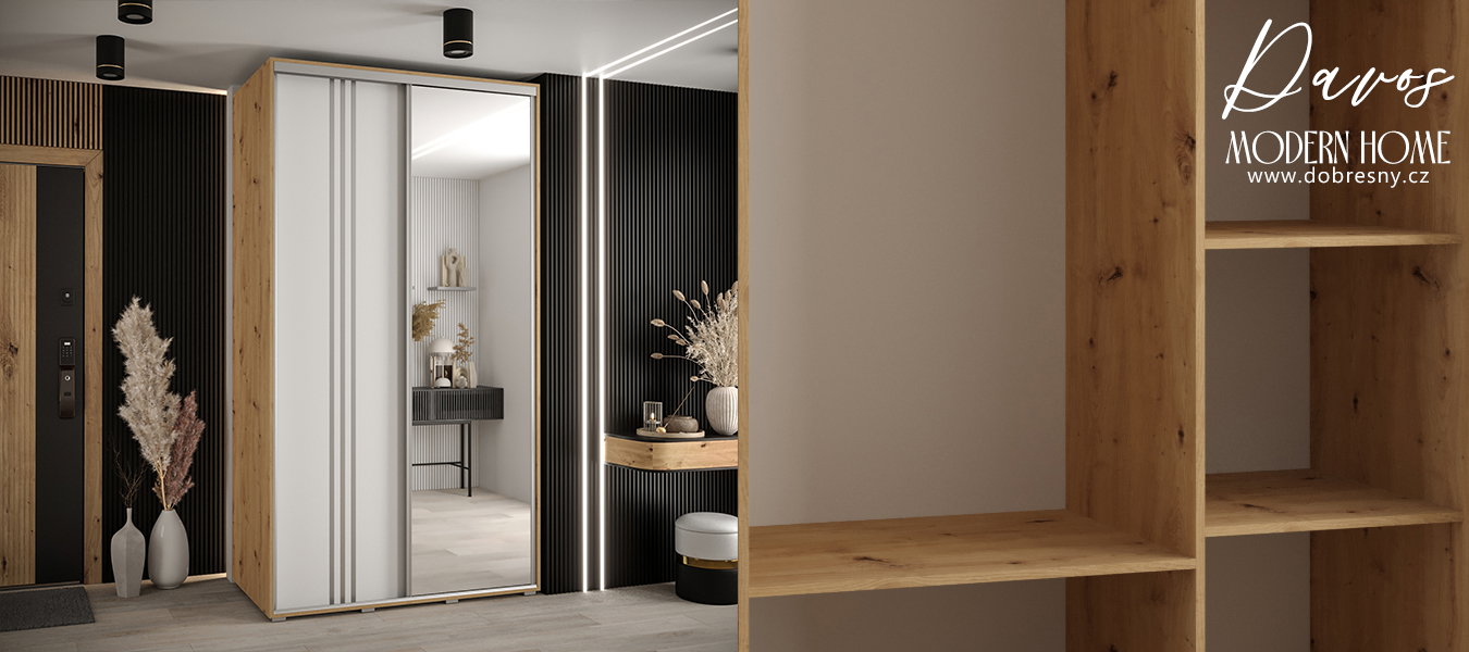 Šatníková skriňa s posuvnými dverami a zrkadlom DAVOS 7, 140cm | DUB Artisan / biela / strieborné