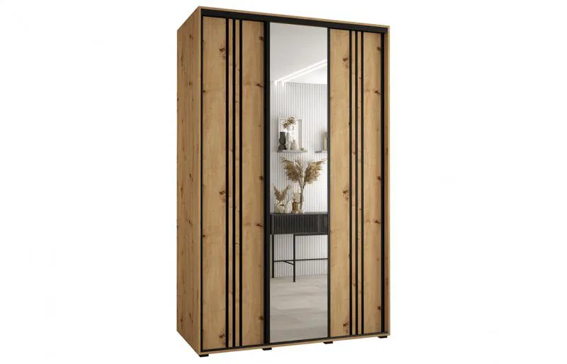 Šatní skříň s posuvnými dveřmi a zrcadlem DAVOS 7, 160cm | DUB Artisan / černé pojezdy
