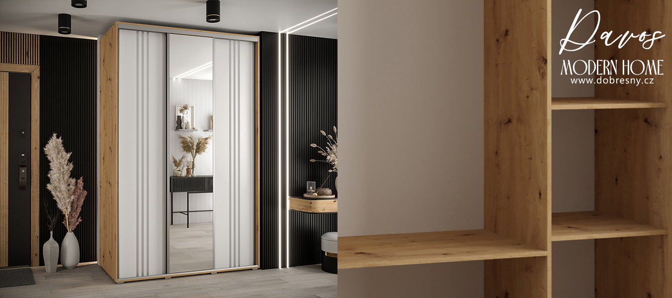 Šatníková skriňa s posuvnými dverami a zrkadlom DAVOS 7, 160cm | DUB Artisan / biela / strieborné