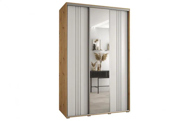 Šatní skříň s posuvnými dveřmi a zrcadlem DAVOS 7, 160cm | DUB Artisan / bílá / stříbrné