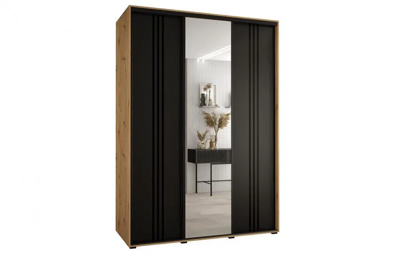 Šatní skříň s posuvnými dveřmi a zrcadlem DAVOS 7, 170cm | DUB Artisan / černá / černé