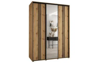 Šatní skříň s posuvnými dveřmi a zrcadlem DAVOS 7, 170cm | DUB Artisan / černé pojezdy