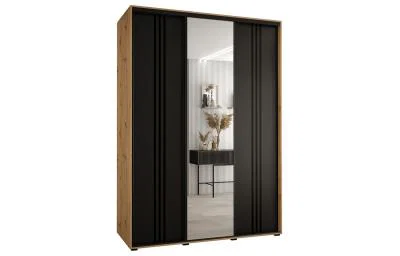 Šatní skříň s posuvnými dveřmi a zrcadlem DAVOS 7, 180cm | DUB Artisan / černá / černé