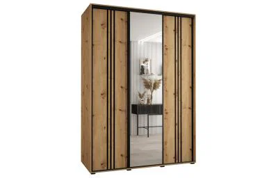 Šatní skříň s posuvnými dveřmi a zrcadlem DAVOS 7, 180cm | DUB Artisan / černé pojezdy