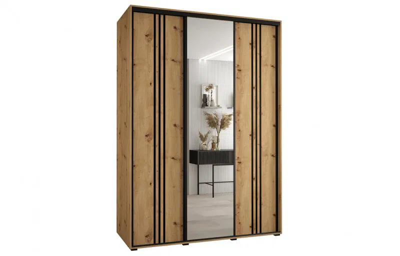 Šatní skříň s posuvnými dveřmi a zrcadlem DAVOS 7, 180cm | DUB Artisan / černé pojezdy