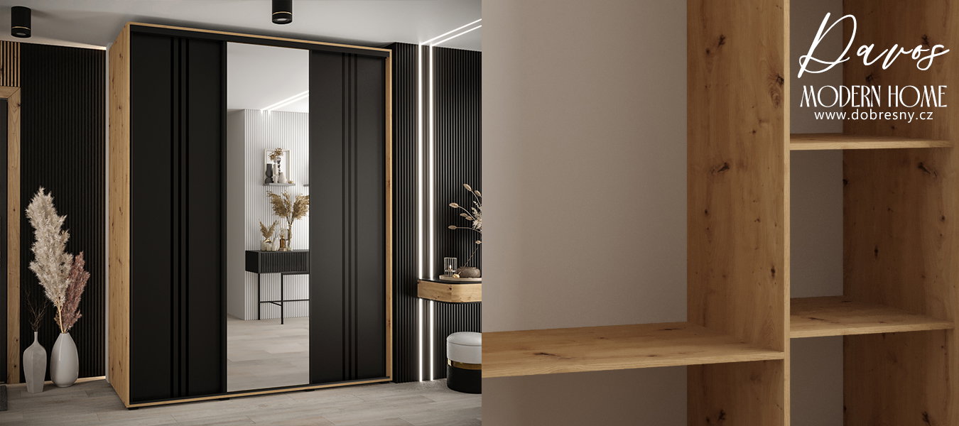 Šatníková skriňa s posuvnými dverami a zrkadlom DAVOS 7, 190cm | DUB Artisan / čierna / čierne