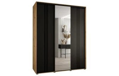 Šatní skříň s posuvnými dveřmi a zrcadlem DAVOS 7, 190cm | DUB Artisan / černá / černé