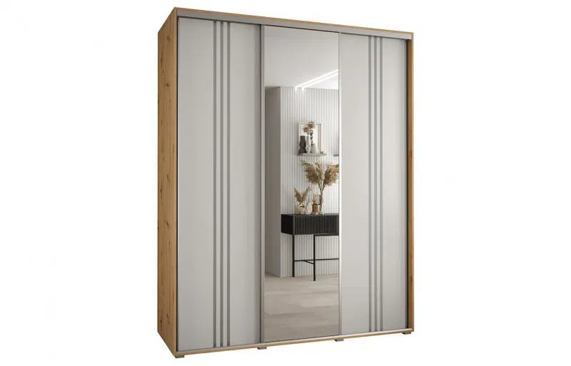 Šatní skříň s posuvnými dveřmi a zrcadlem DAVOS 7, 190cm | DUB Artisan / bílá / stříbrné