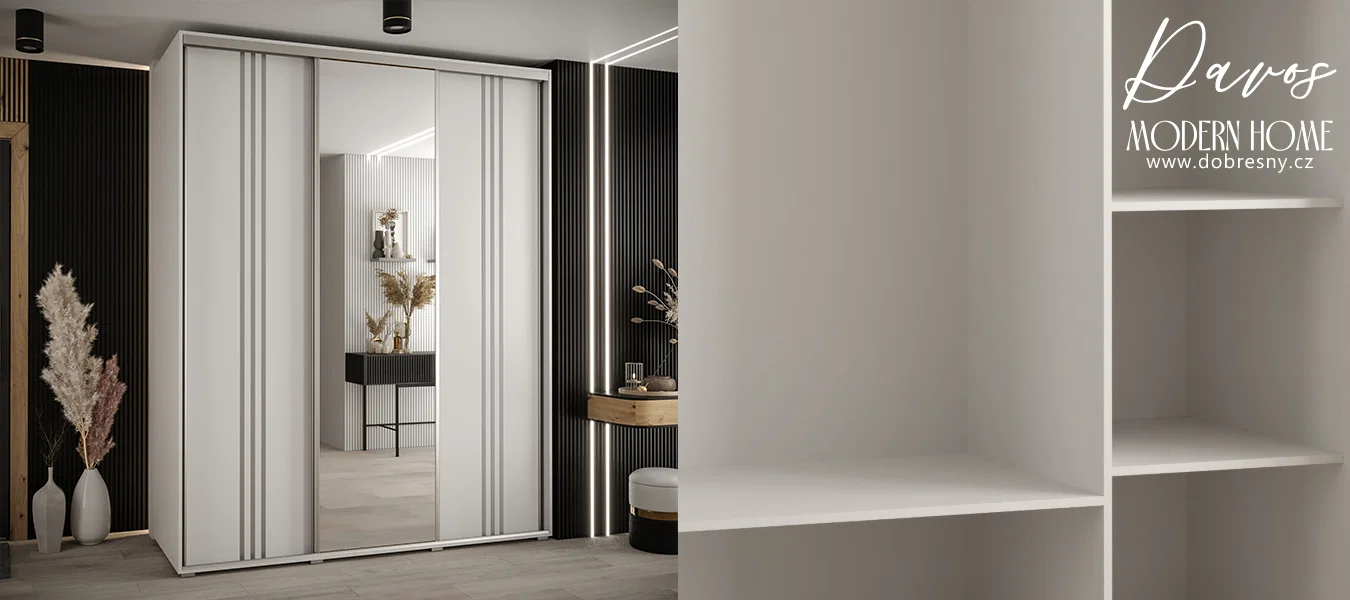 Šatní skříň s posuvnými dveřmi a zrcadlem DAVOS 7, 190cm | Bílá / stříbrné pojezdy