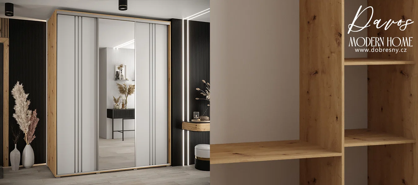 Šatní skříň s posuvnými dveřmi a zrcadlem DAVOS 7, 200cm | DUB Artisan / bílá / stříbrné