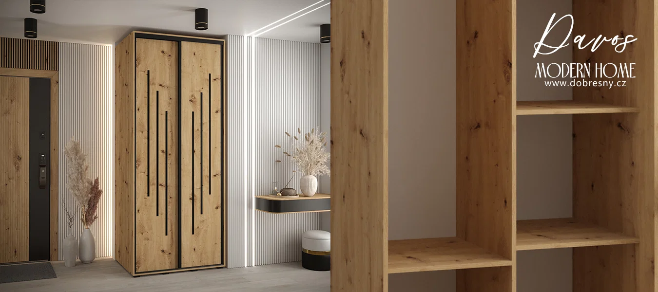 Šatní skříň s posuvnými dveřmi DAVOS 8, 100cm | DUB Artisan / černé pojezdy