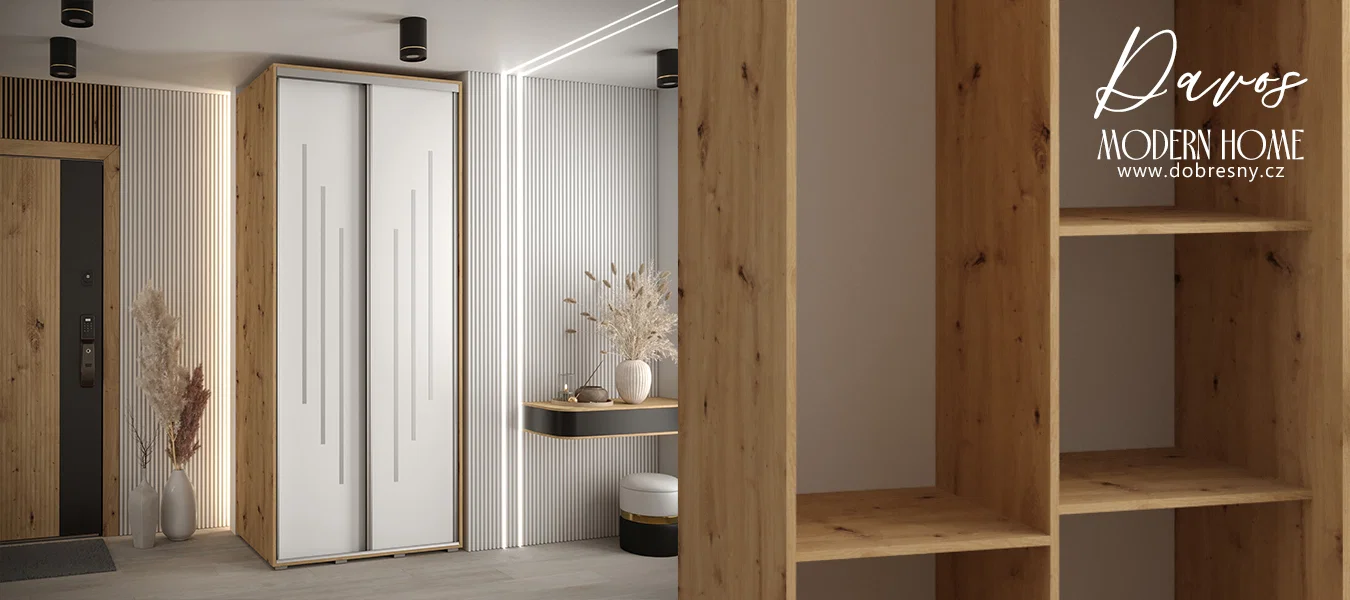 Šatní skříň s posuvnými dveřmi DAVOS 8, 100cm | DUB Artisan / bílá / stříbrné