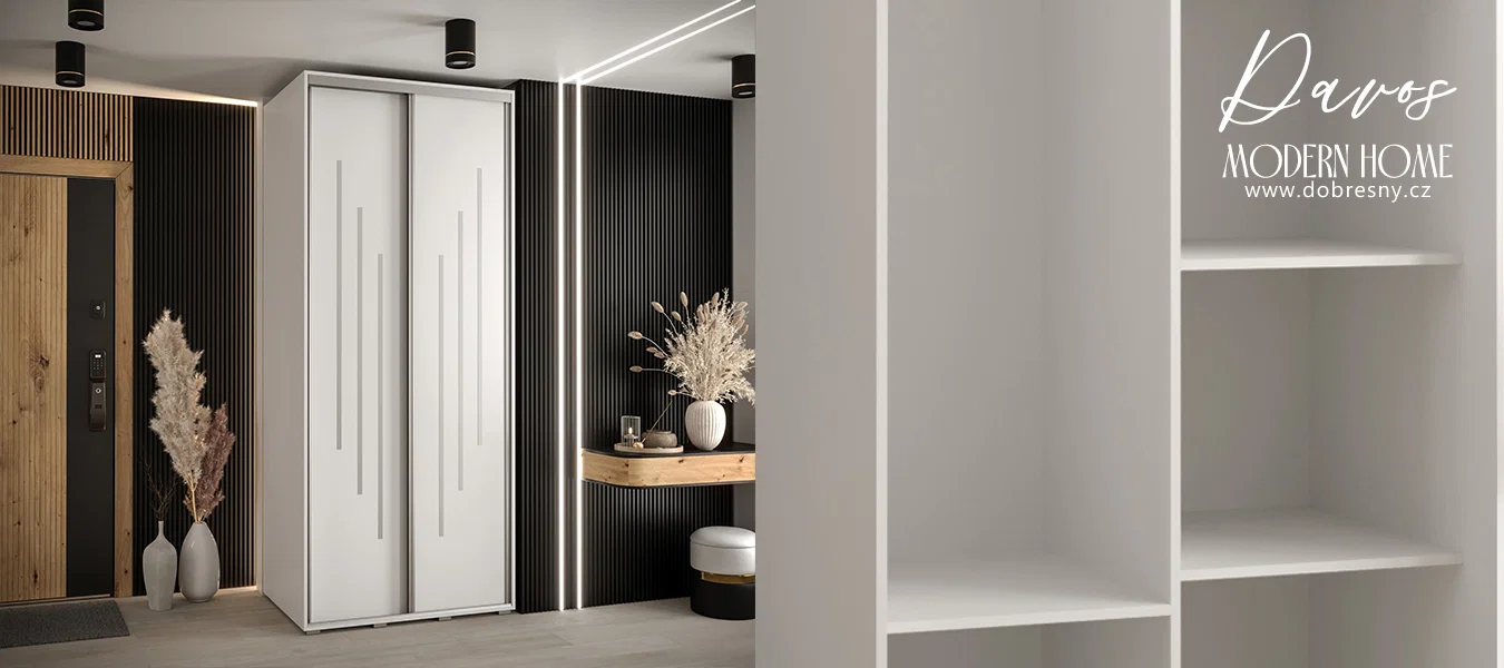Šatní skříň s posuvnými dveřmi DAVOS 8, 120cm | Bílá / stříbrné pojezdy