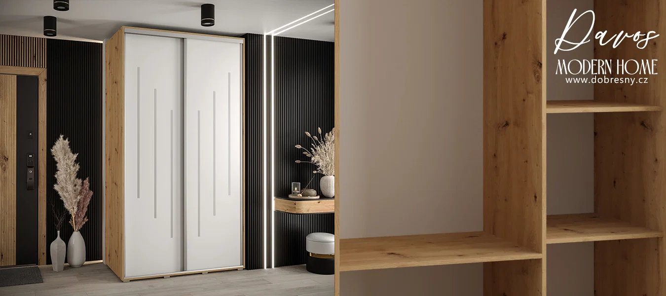 Šatní skříň s posuvnými dveřmi DAVOS 8, 140cm | DUB Artisan / bílá / stříbrné