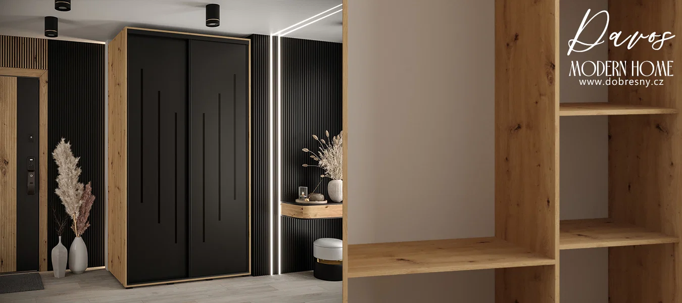 Šatní skříň s posuvnými dveřmi DAVOS 8, 140cm | DUB Artisan / černá / černé pojezdy