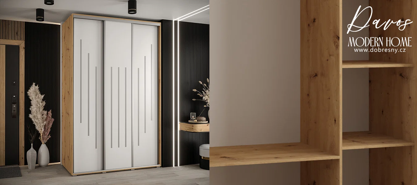 Šatní skříň s posuvnými dveřmi DAVOS 8, 160cm | DUB Artisan / bílá / stříbrné
