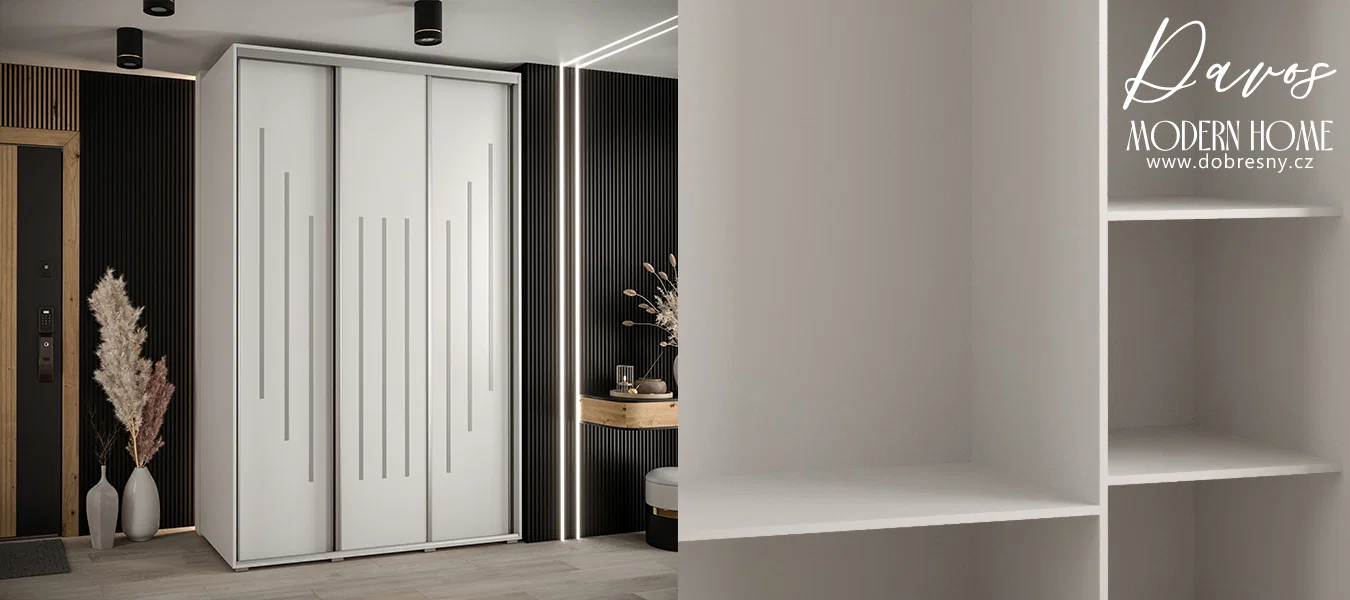 Šatní skříň s posuvnými dveřmi DAVOS 8, 160cm | Bílá / stříbrné pojezdy