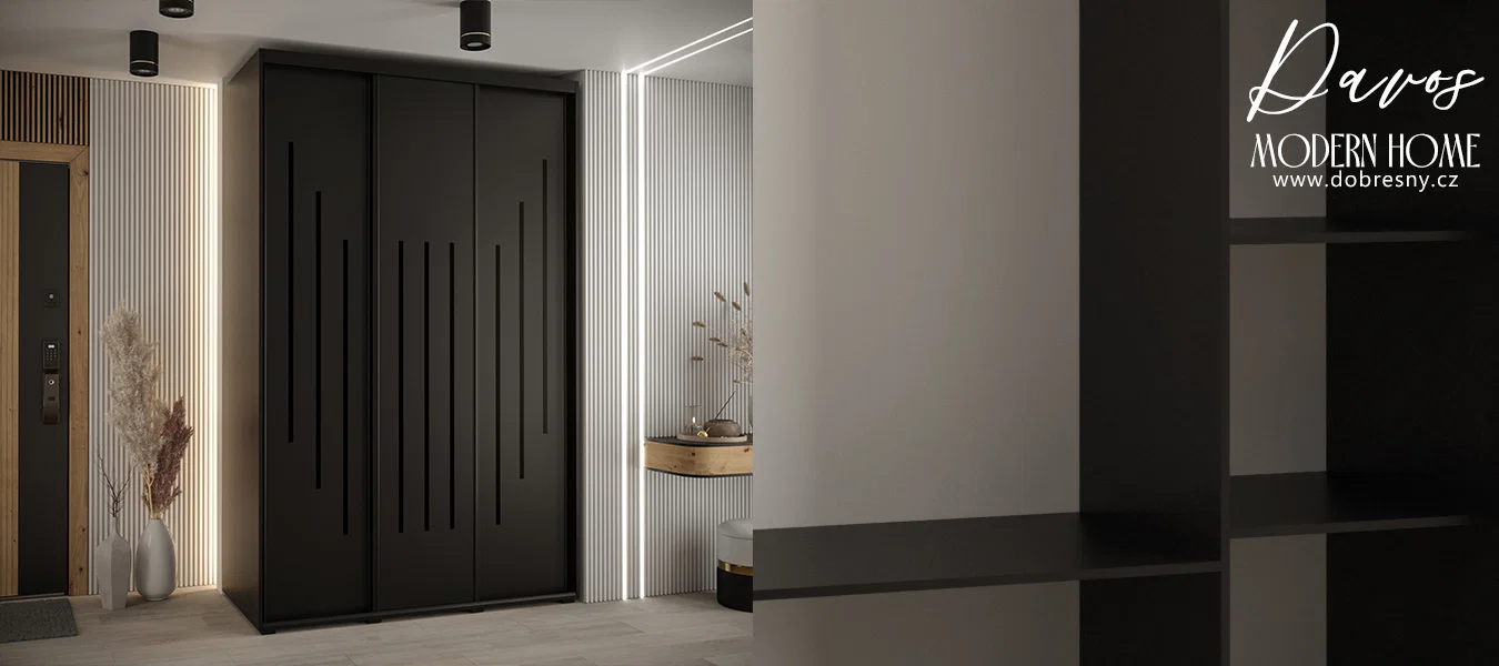 Šatní skříň s posuvnými dveřmi DAVOS 8, 160cm | Černá / černé pojezdy