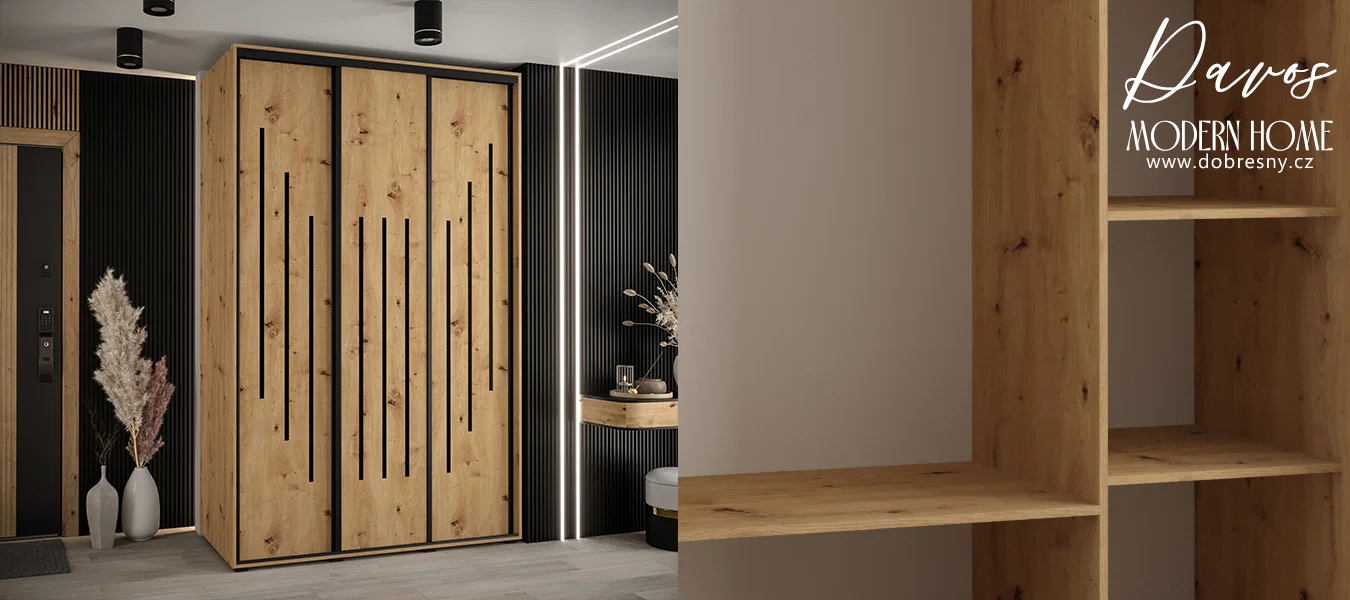 Šatní skříň s posuvnými dveřmi DAVOS 8, 160cm | DUB Artisan / černé pojezdy