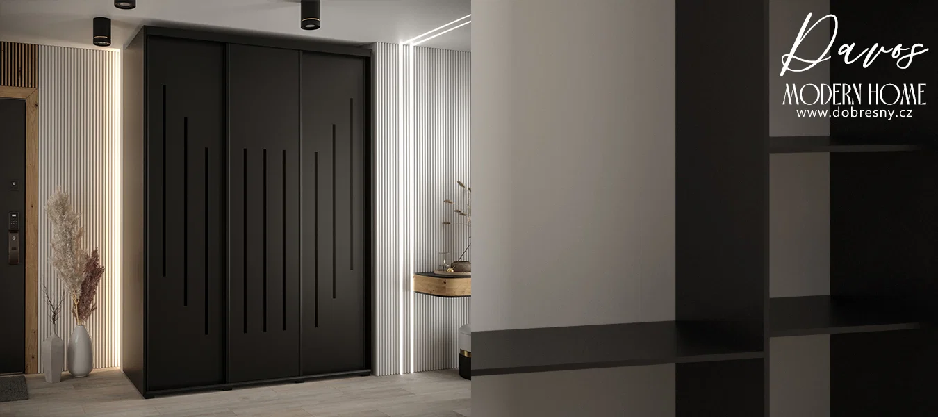 Šatní skříň s posuvnými dveřmi DAVOS 8, 170cm | Černá / černé pojezdy
