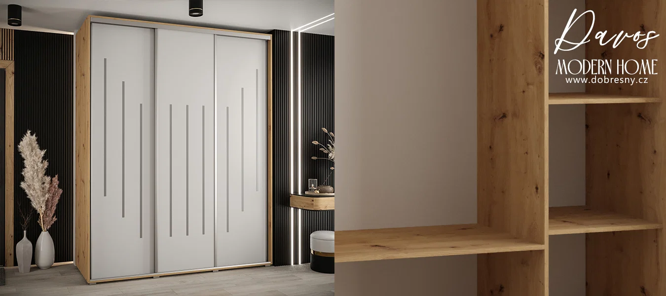 Šatní skříň s posuvnými dveřmi DAVOS 8, 190cm | DUB Artisan / bílá / stříbrné
