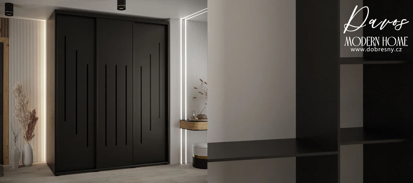 Šatní skříň s posuvnými dveřmi DAVOS 8, 190cm | Černá / černé pojezdy