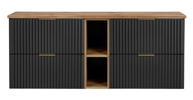 Sestava 2 koupelnových skříněk ADEL BLACK 140cm s deskou a regálem Dub Wotan