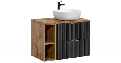 Koupelnová skříňka ADEL BLACK 80cm s deskou, umyvadlem a regálem Dub Wotan