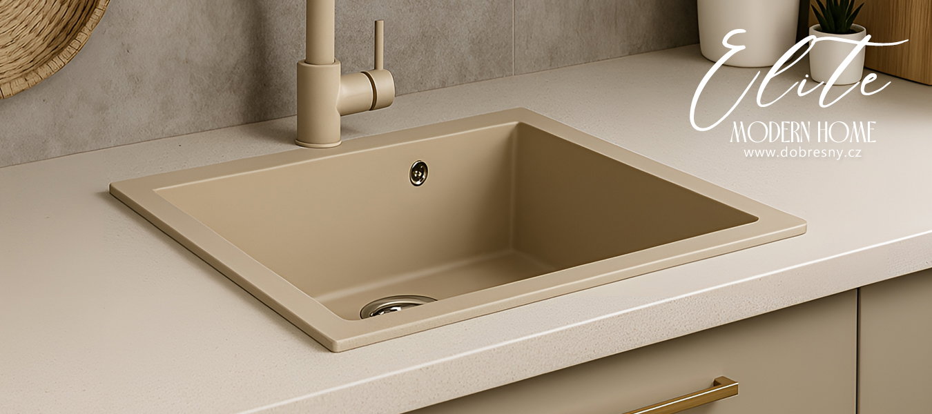 Granitový drez ELITE béžový + sifón chróm 60 x 50 x 21cm