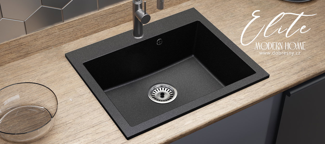 Granitový drez ELITE čierny s textúrou žuly + sifón chróm 60 x 50 x 21cm