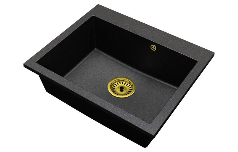 Granitový dřez ELITE černý s texturou žuly + zlatý sifon 60 x 50 x 21cm