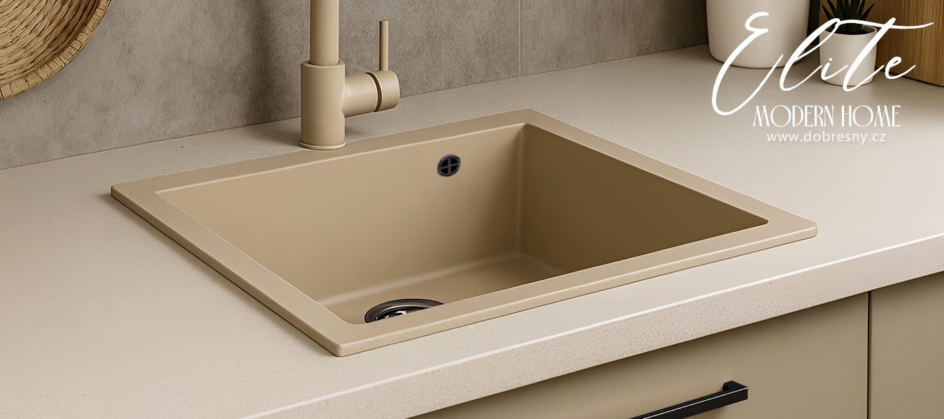 Granitový drez ELITE béžový + čierny sifón 60 x 50 x 21cm