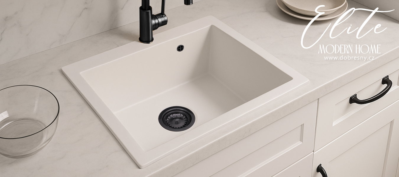 Granitový drez ELITE biely + čierny sifón 60 x 50 x 21cm