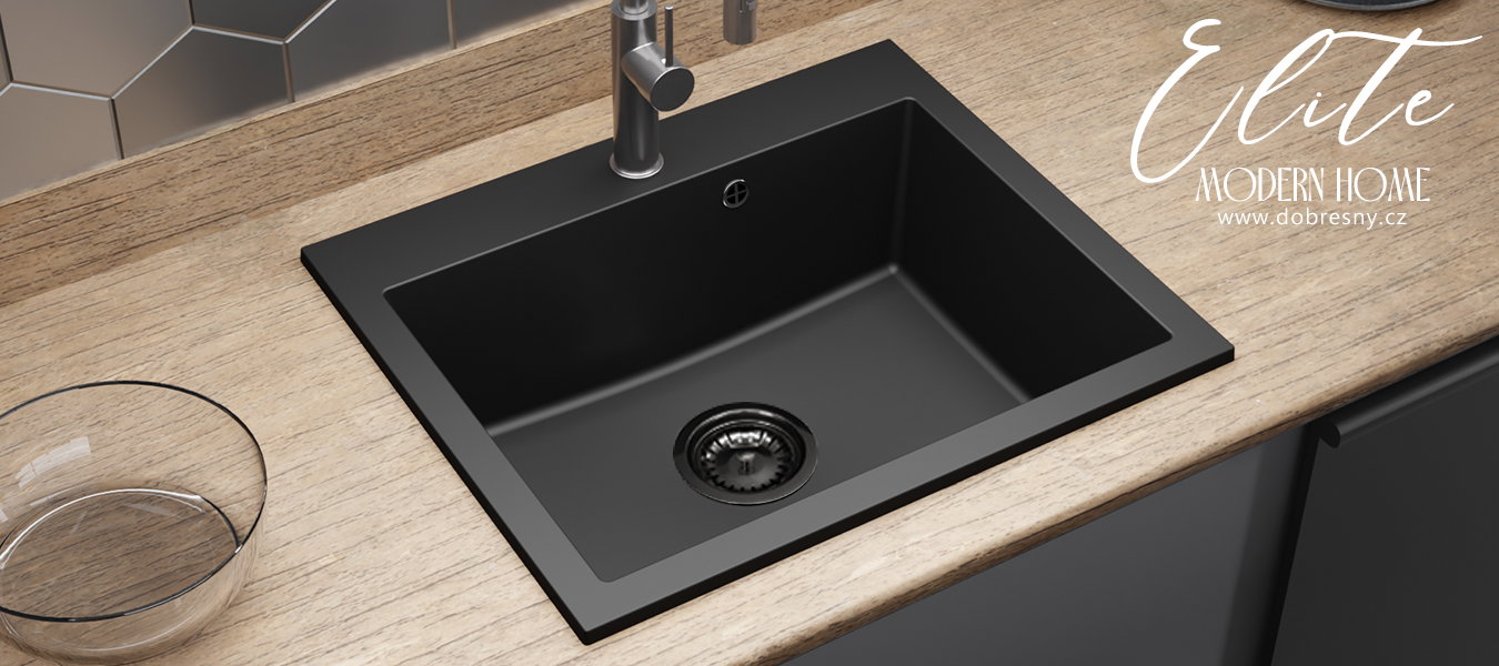 Granitový drez ELITE čierny + čierny sifón 60 x 50 x 21cm