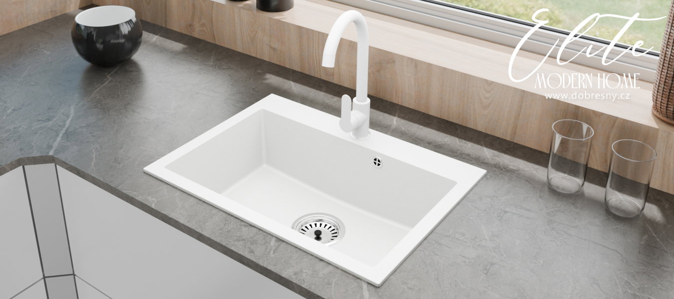 Granitový drez ELITE biely + sifón chróm 70 x 50 x 21 cm