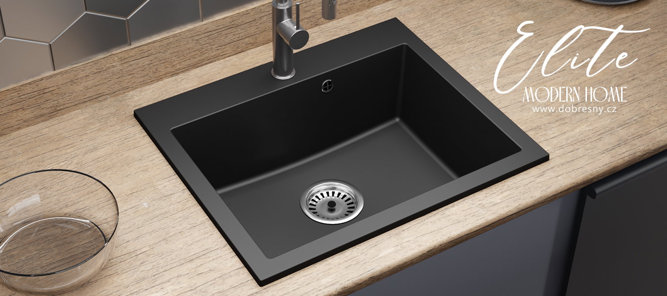 Granitový drez ELITE čierny + sifón chróm 70 x 50 x 21 cm