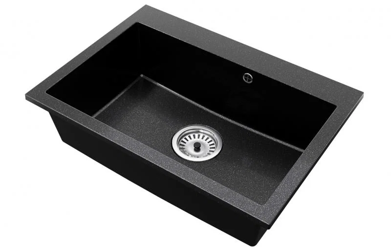 Granitový dřez ELITE černý s texturou žuly + sifon chrom 70 x 50 x 21 cm