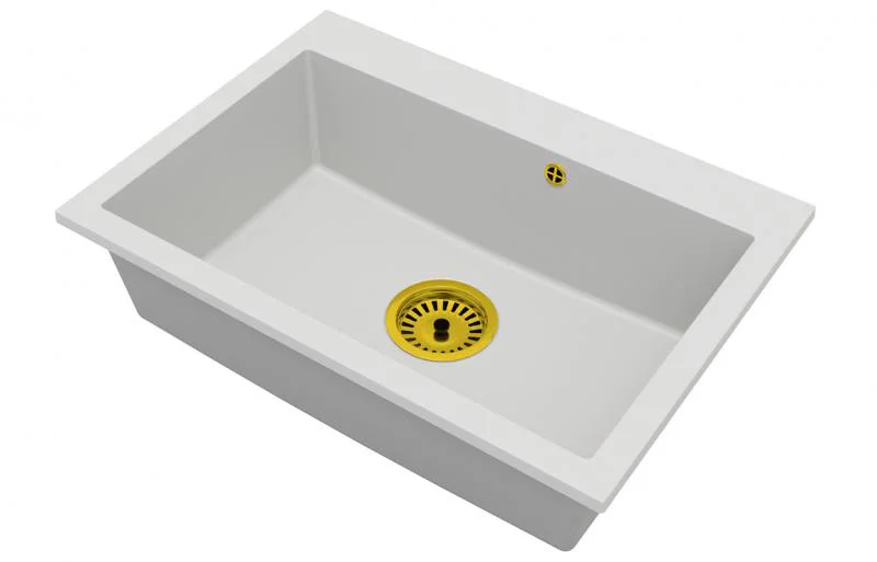 Granitový dřez ELITE bílý + sifon zlatý 70 x 50 x 21 cm