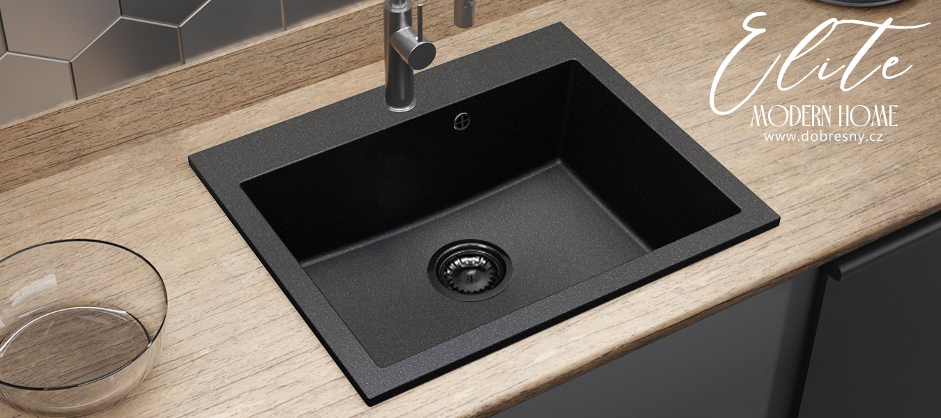 Granitový drez ELITE čierny s textúrou ŽULY + sifón čierny 70 x 50 x 21 cm
