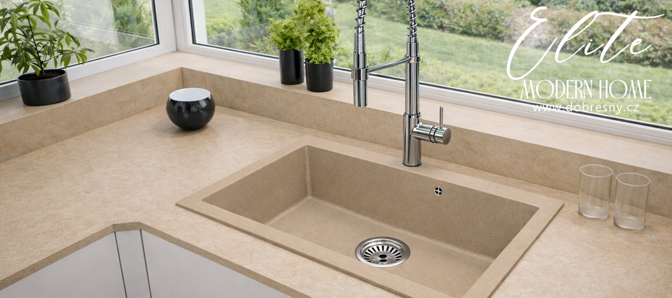 Granitový drez ELITE béžový + sifón chróm 80 x 50 x 21 cm