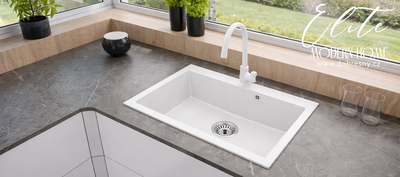 Granitový drez ELITE biely + sifón chróm 80 x 50 x 21 cm
